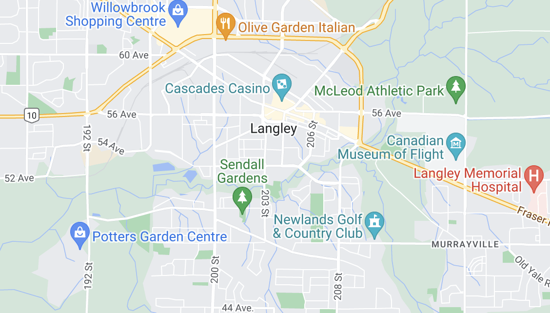 Map of Langley, showing landmarks such as Cascades Casino, McLeod Athletic Park, Sendall Gardens (a delight for any arborist), Canadian Museum of Flight, and Langley Memorial Hospital.